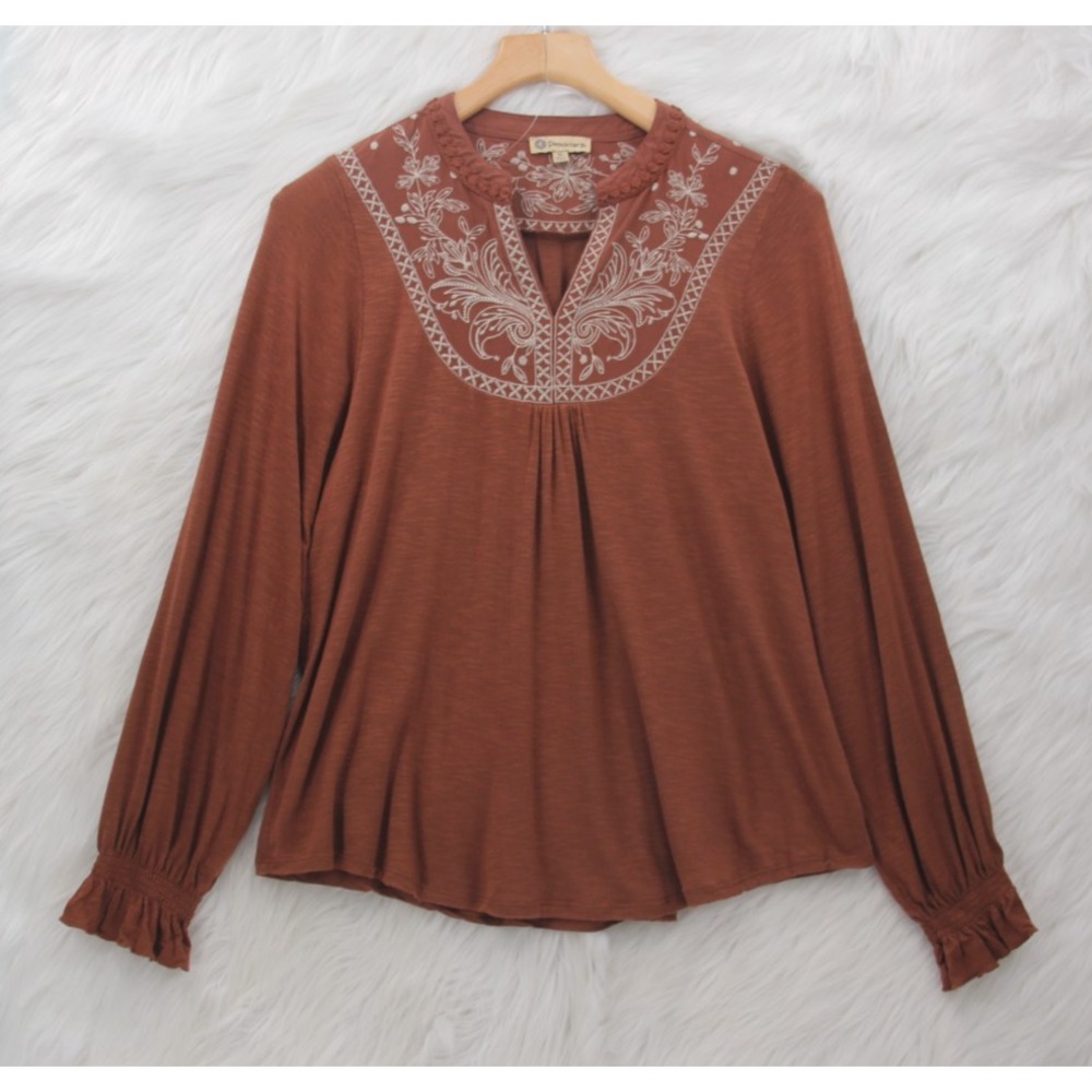 Democracy  Crochet Embroidered Womens Top M Brown Boho Peasant Western Cowgirl